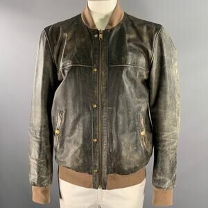 MARC JACOBS Size XXL Black Tan Distressed Leather Bomber Coat